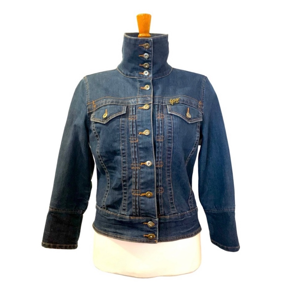 Denim jean jacket with stand up collar